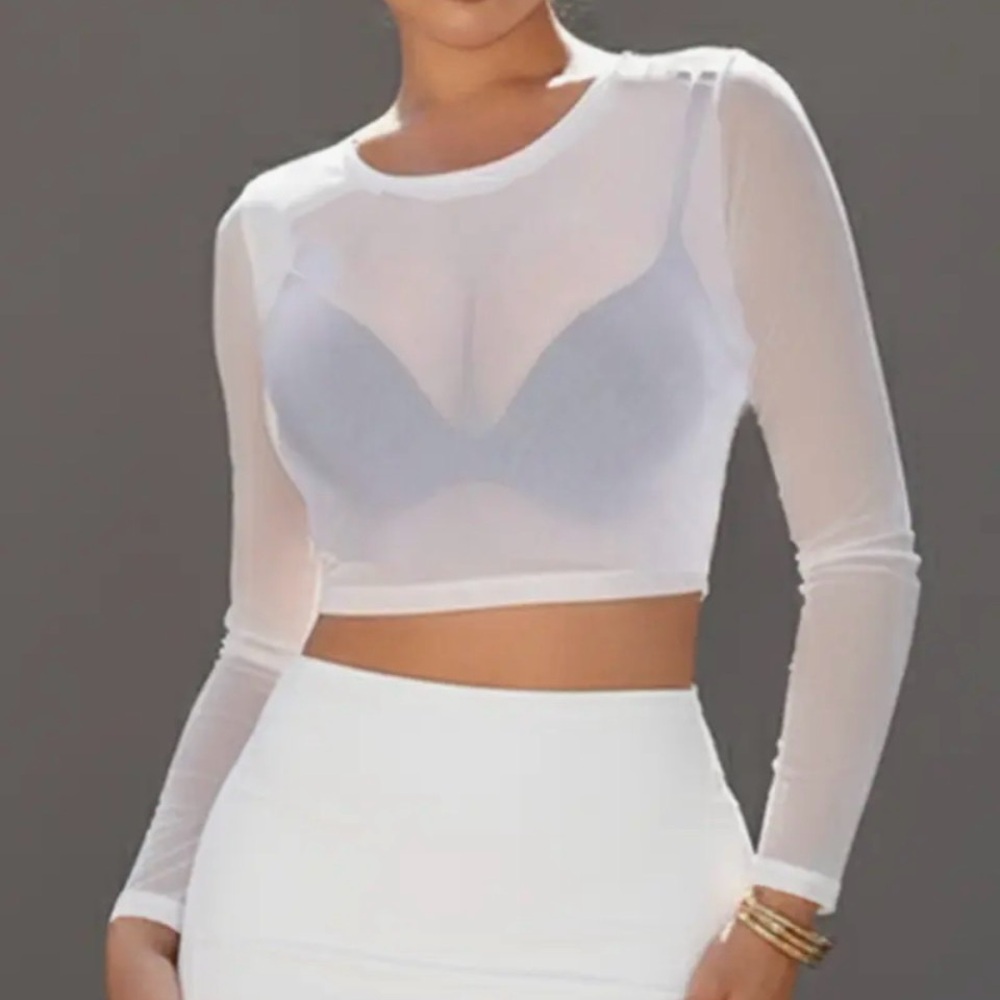 Elegant White Sheer Long Sleeve Crop Top